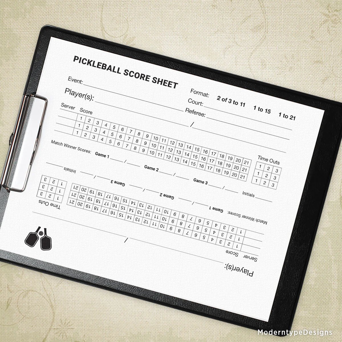 Pickleball score sheet